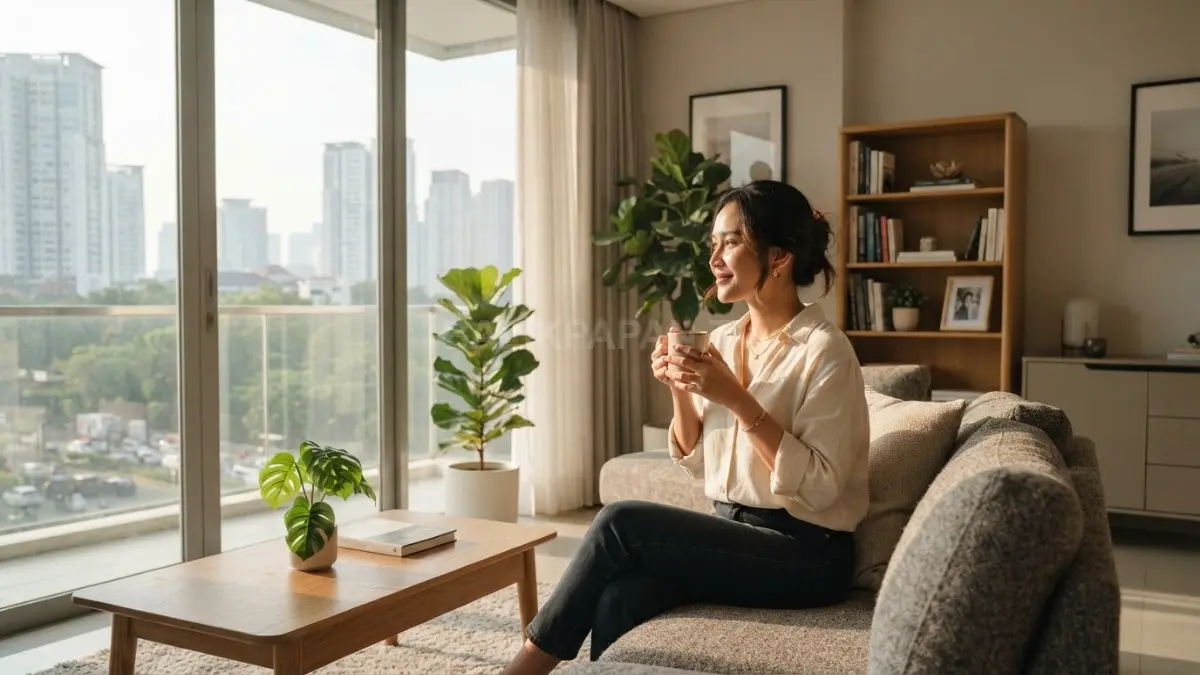 Cahaya pagi masuk melalui jendela besar dan menerangi ruang tamu dengan furnitur tertata rapi. (BTV/AI)