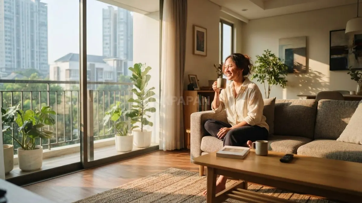 Cahaya pagi menerangi ruang tamu, menonjolkan tekstur furnitur dan menciptakan suasana hangat alami. (BTV/AI)
