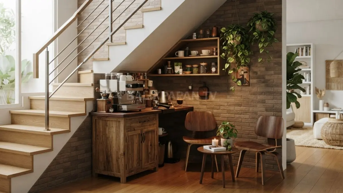 Coffee corner bawah tangga menghadirkan ruang santai fungsional dengan dekorasi sederhana dan suasana hangat setiap hari. (BTV/AI)