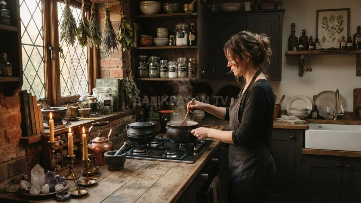 Dapur bertema penyihir menghadirkan nuansa misterius, estetik, klasik, dan tetap fungsional untuk aktivitas memasak sehari-hari bersama. (BTV/AI)