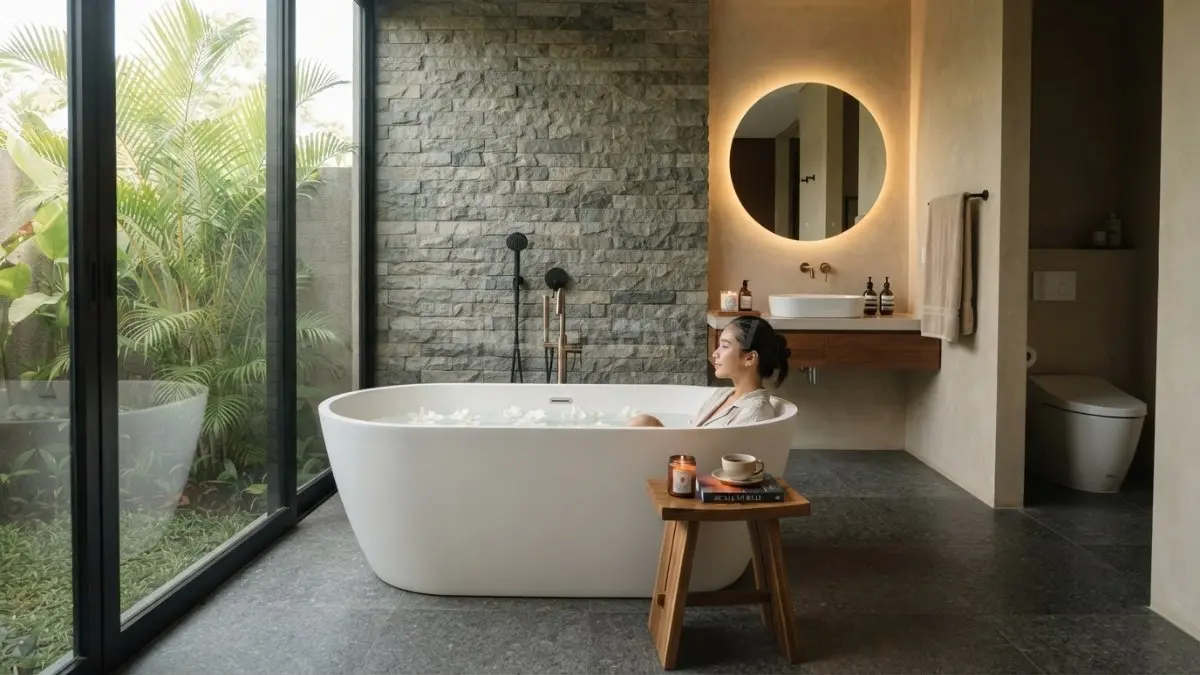 Dekorasi kamar mandi quiet luxury menghadirkan suasana tenang, elegan, lapang, dan nyaman tanpa biaya renovasi berlebihan. (BTV/AI)