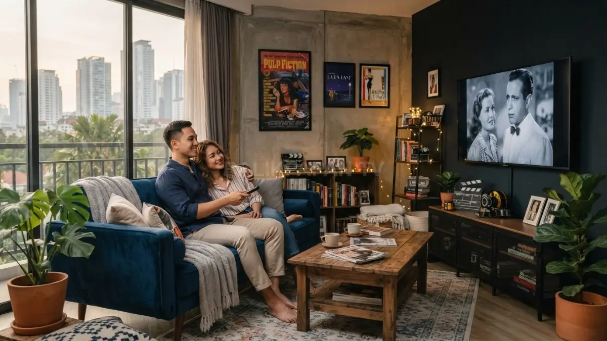 Dekorasi ruang tamu ala Hollywood menciptakan nuansa mewah, hangat, sinematik, tanpa memerlukan biaya renovasi besar sekaligus. (BTV/AI)