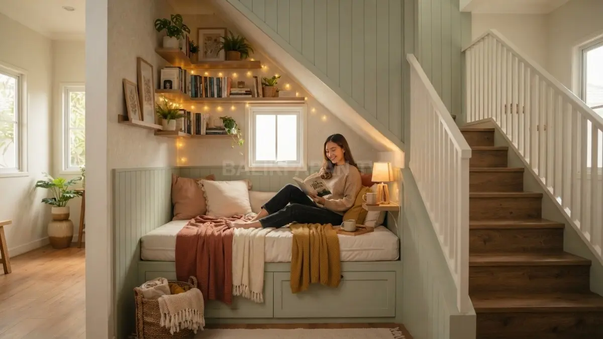 Dekorasi sederhana mengubah area bawah tangga menjadi hidden room nyaman dengan furnitur multifungsi dan suasana menenangkan. (BTV/AI)