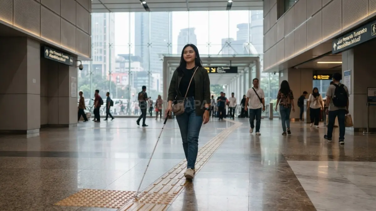 Desain inklusif memadukan tekstur lantai dan pantulan suara membantu penyandang disabilitas netra bernavigasi mandiri nyaman. (BTV/AI)
