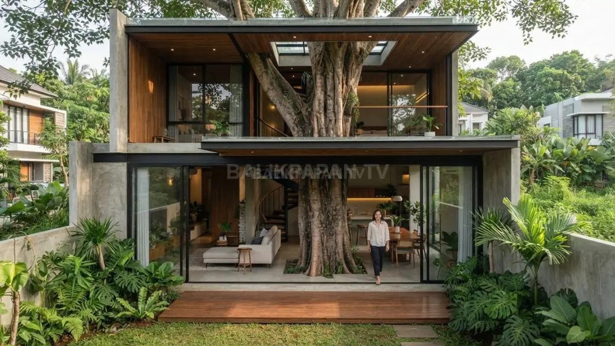 Desain rumah mengelilingi pohon menghadirkan hunian alami yang menyatu dengan lingkungan dan menjaga keberadaan pohon. (BTV/Ai)