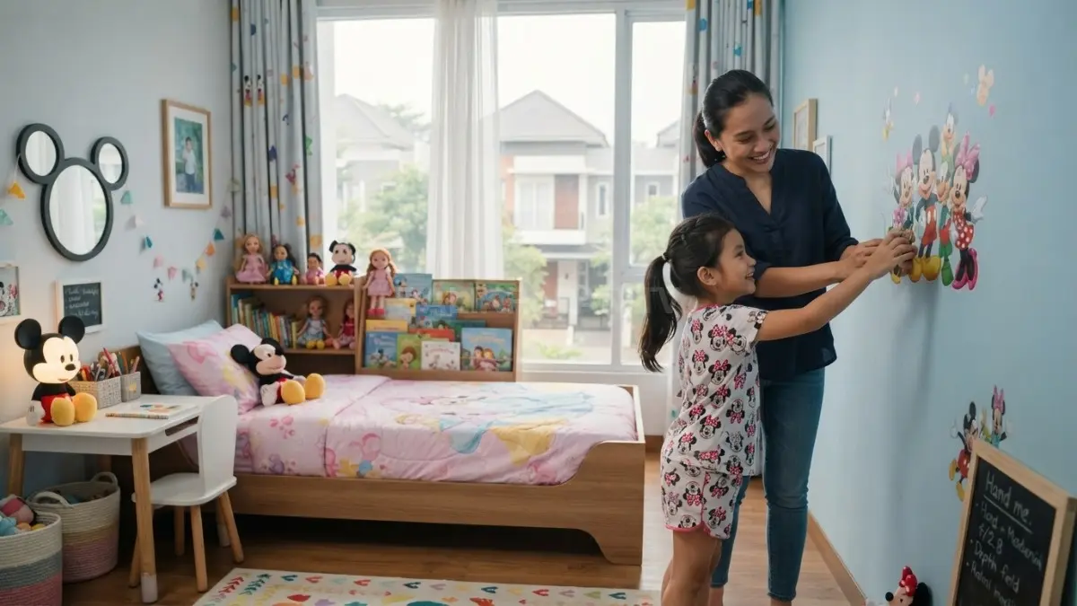 Furnitur fungsional dan dekorasi Disney menciptakan kamar anak yang estetik, nyaman, serta menyenangkan sepanjang masa pertumbuhan. (BTV/AI)