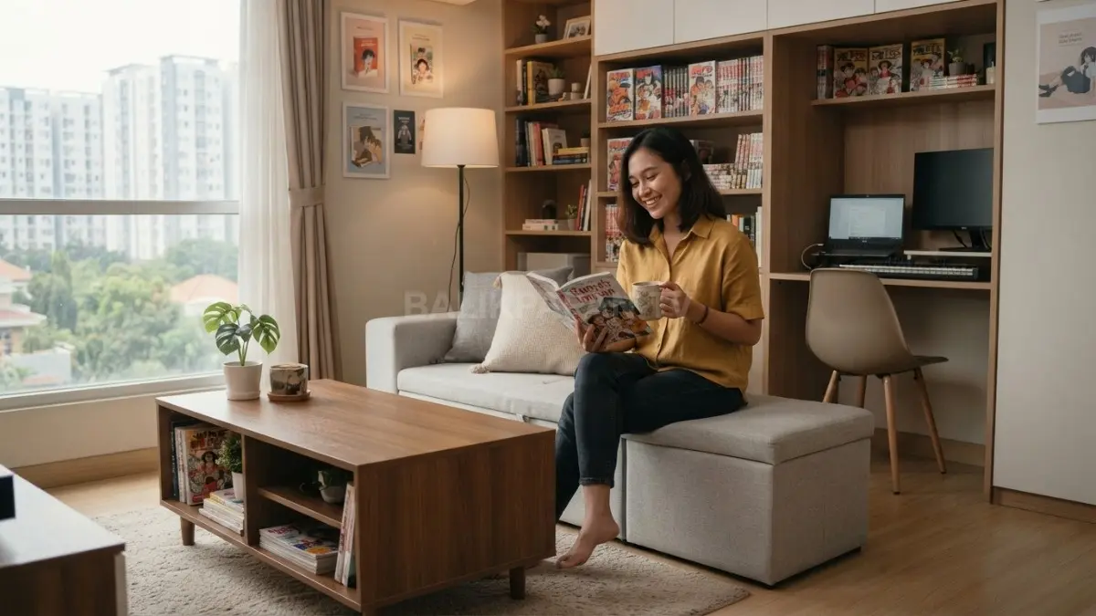 Furnitur multifungsi membantu menciptakan rumah minimalis bergaya novel dan komik tetap rapi serta nyaman dihuni sehari-hari. (BTV/AI)