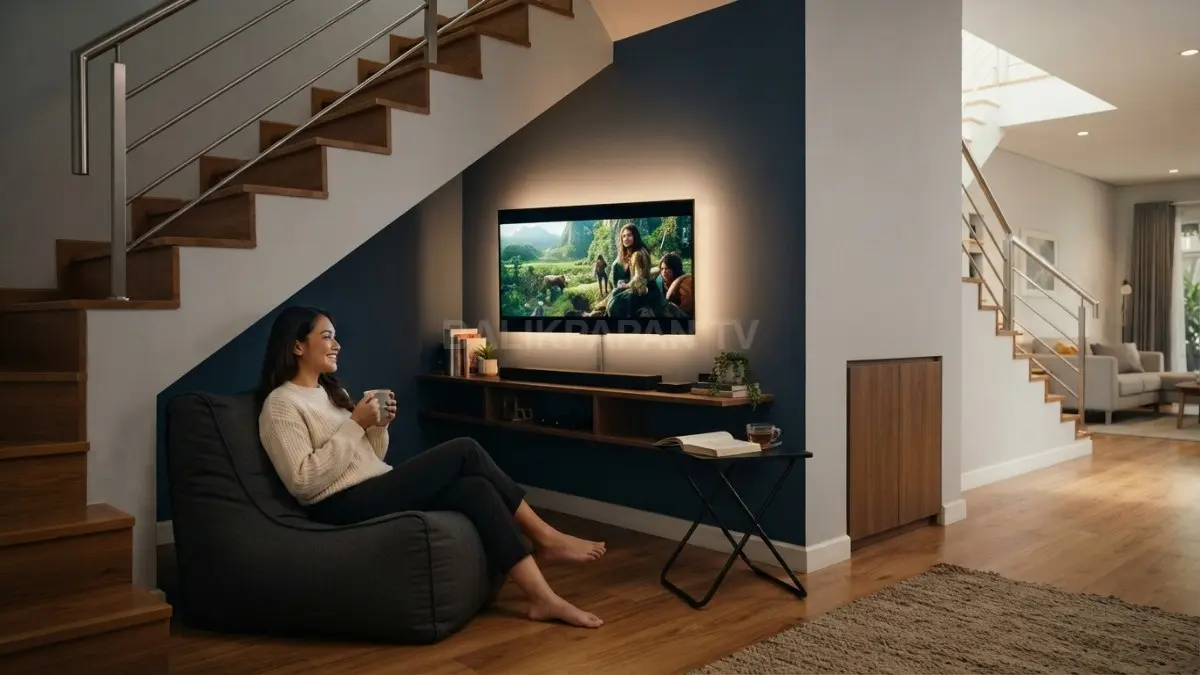 Hidden room sederhana memadukan televisi, bean bag, pencahayaan LED, dan rak penyimpanan untuk kenyamanan maksimal bersama. (BTV/AI)