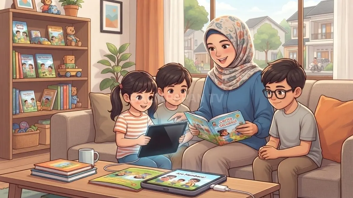 Ilustrasi anak-anak membaca buku digital menggunakan tablet dengan pendampingan orang tua di rumah bersama ceria. (BTV/AI)