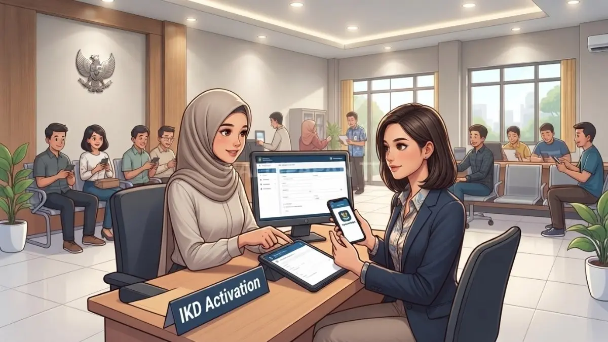 Ilustrasi pelayanan administrasi kependudukan digital di kantor kelurahan untuk mempermudah aktivasi IKD masyarakat. (BTV/AI)