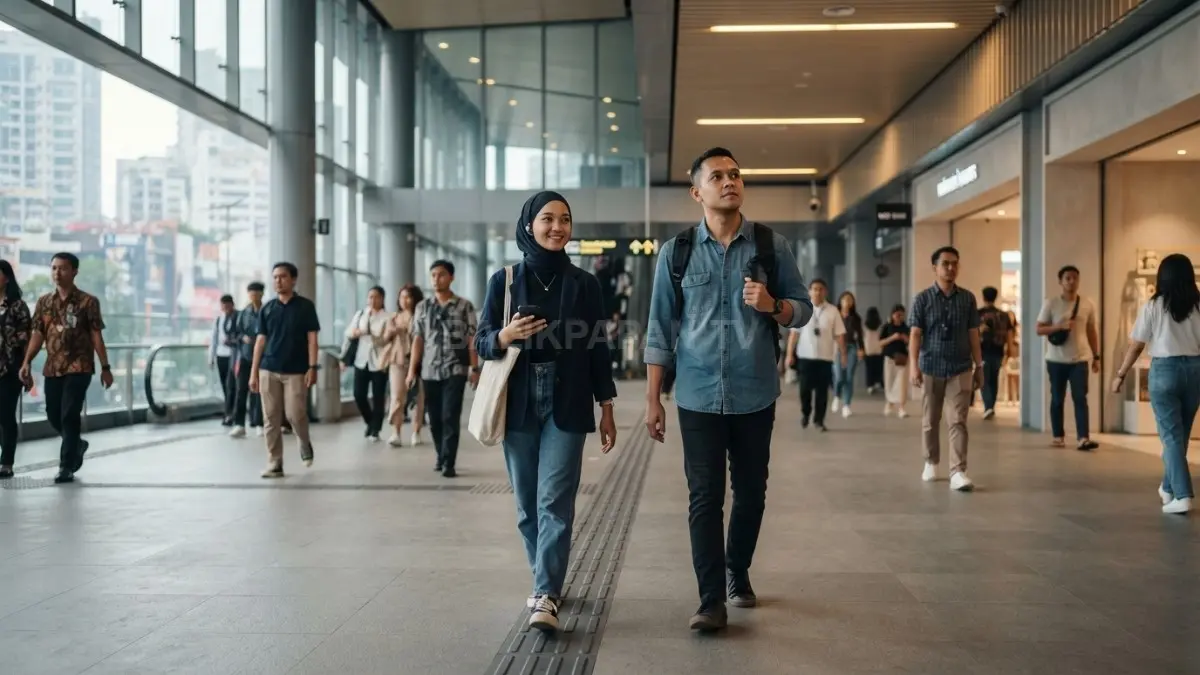 Ilustrasi pengunjung berjalan di ruang publik dengan konsep navigasi berbasis akustik tanpa papan petunjuk digital. (BTV/AI)
