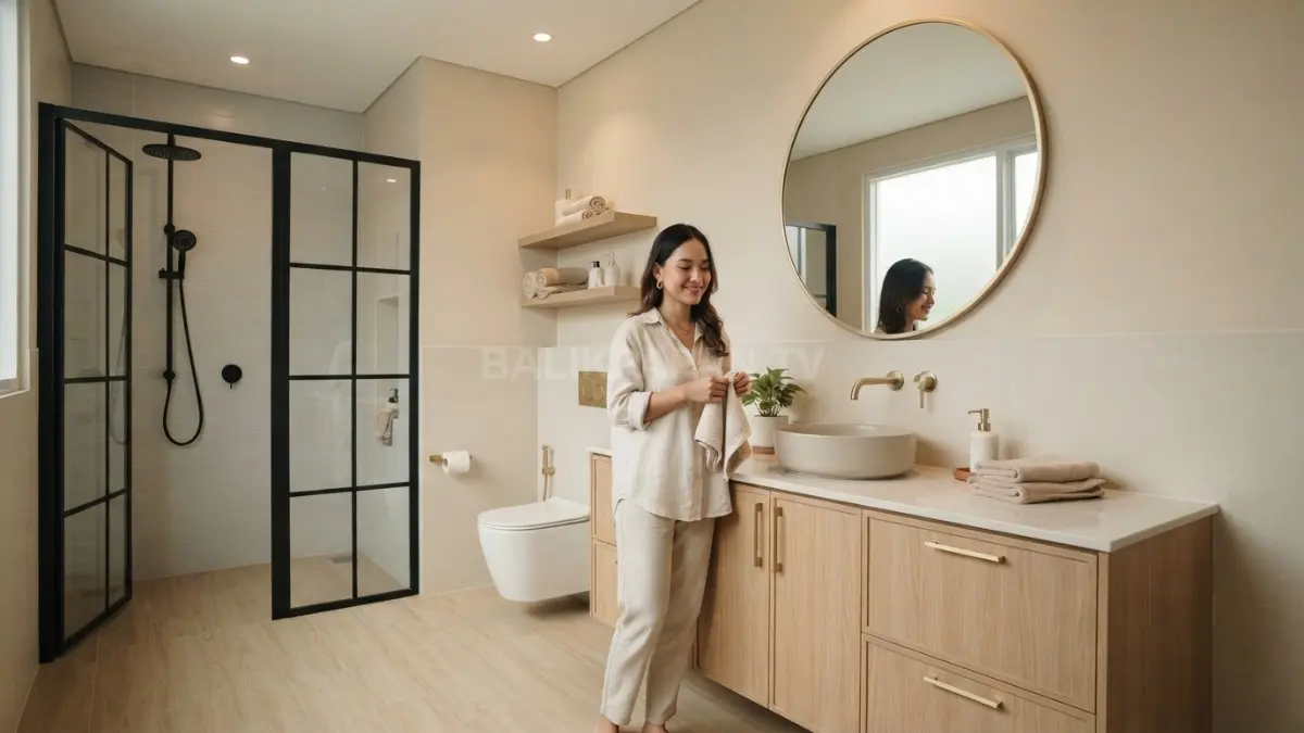 Inspirasi quiet luxury menghadirkan kamar mandi elegan melalui material sederhana, warna lembut, dan aksen premium minimalis. (BTV/AI)