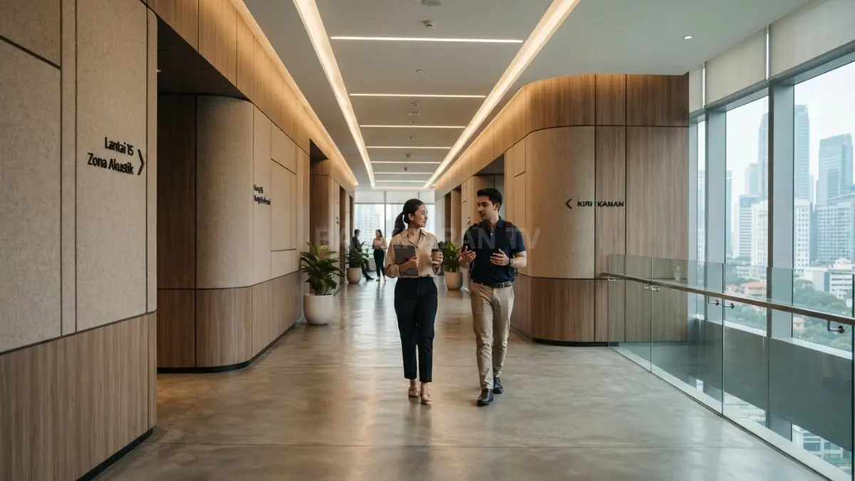 Interior koridor modern dengan desain akustik yang membantu navigasi melalui pantulan suara alami. (BTV/AI)