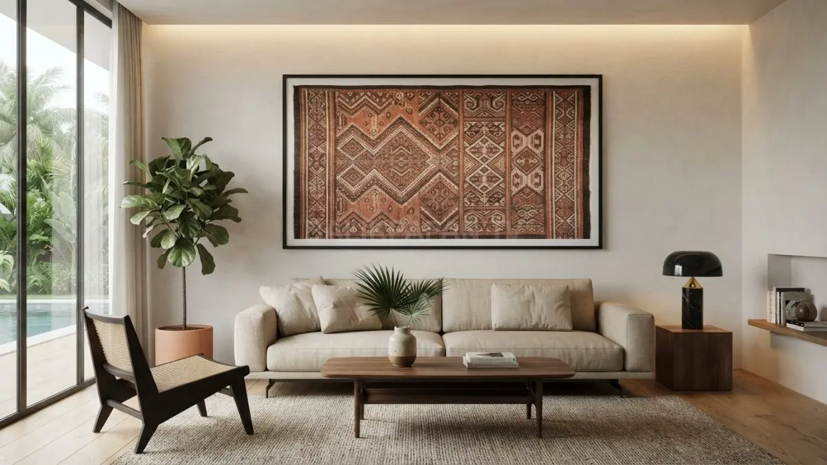 Kain bermotif tribal Nusantara menghadirkan identitas budaya yang kuat sebagai aksen interior bergaya kontemporer. (BTV/Ai)