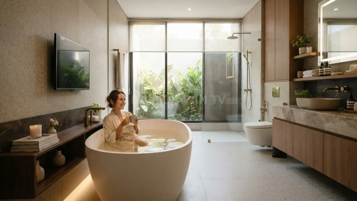 Kamar mandi bergaya quiet luxury menghadirkan kesan luas, elegan, fungsional, dan hemat anggaran melalui desain sederhana. (BTV/AI)