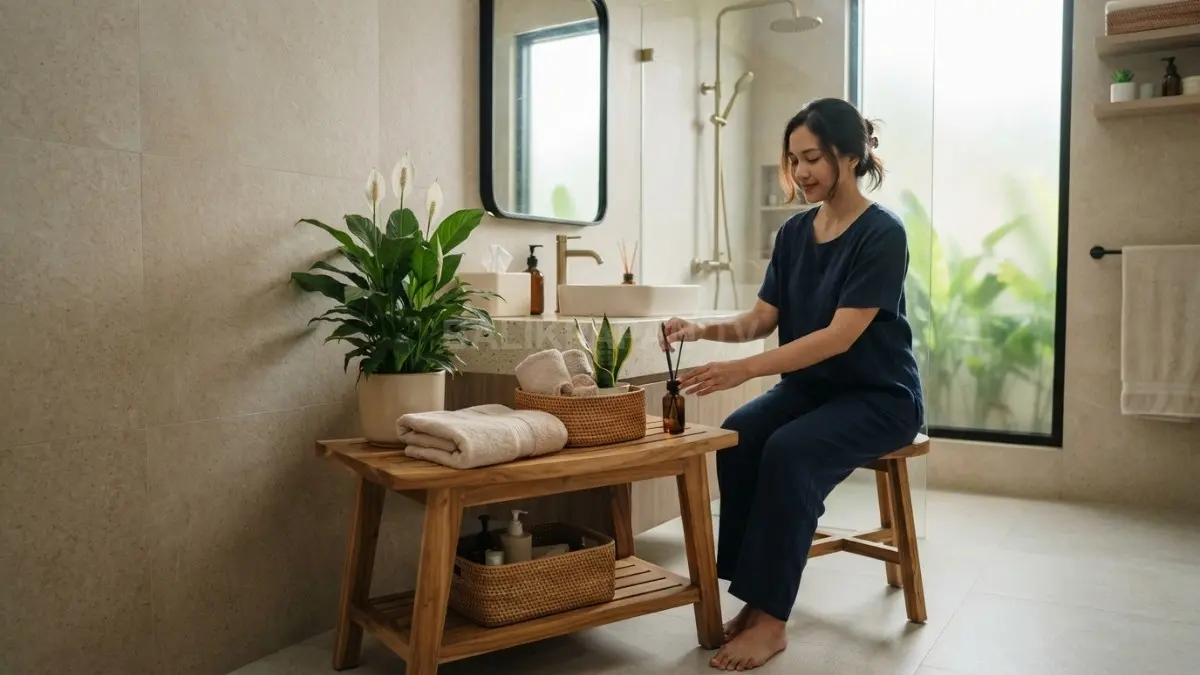 Kamar mandi bergaya quiet luxury menyerupai spa pribadi melalui dekorasi sederhana, alami, dan fungsional setiap hari. (BTV/AI)