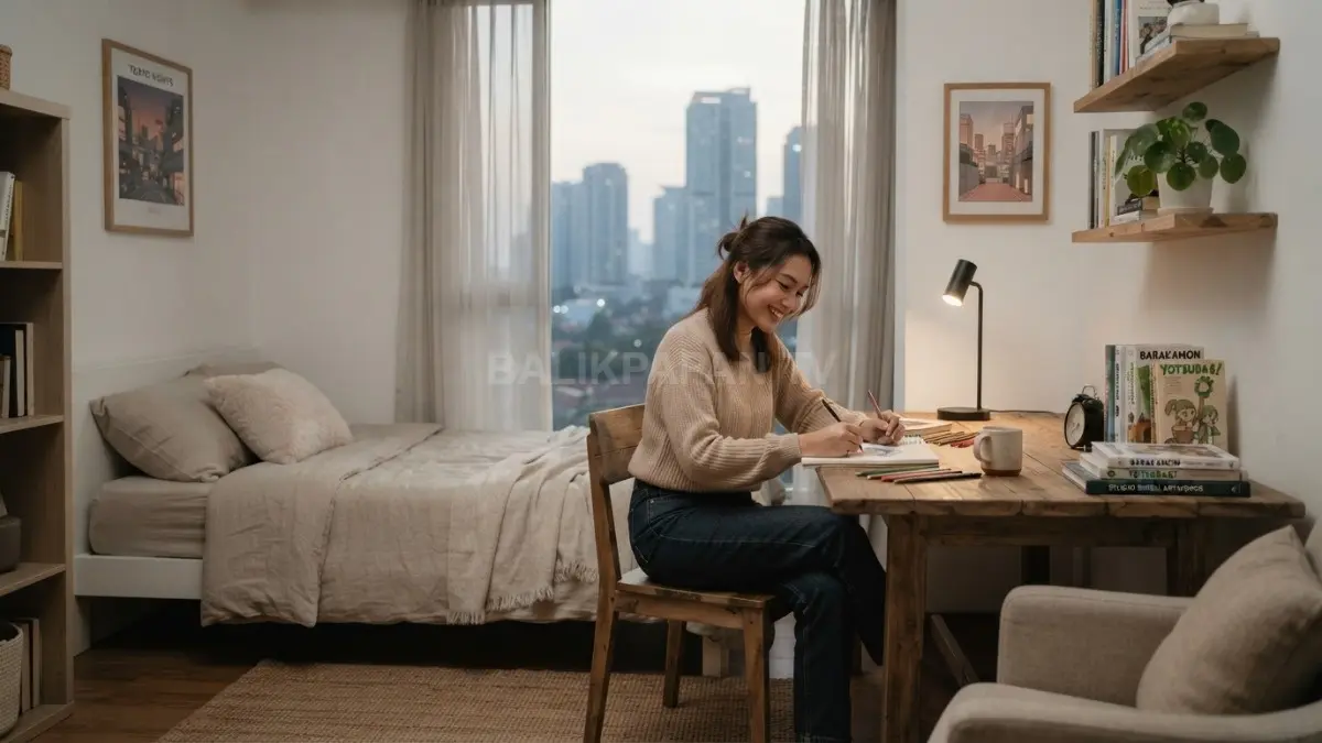 Kamar minimalis bernuansa novel dan komik memadukan furnitur sederhana, warna netral, serta dekorasi artistik yang harmonis. (BTV/AI)