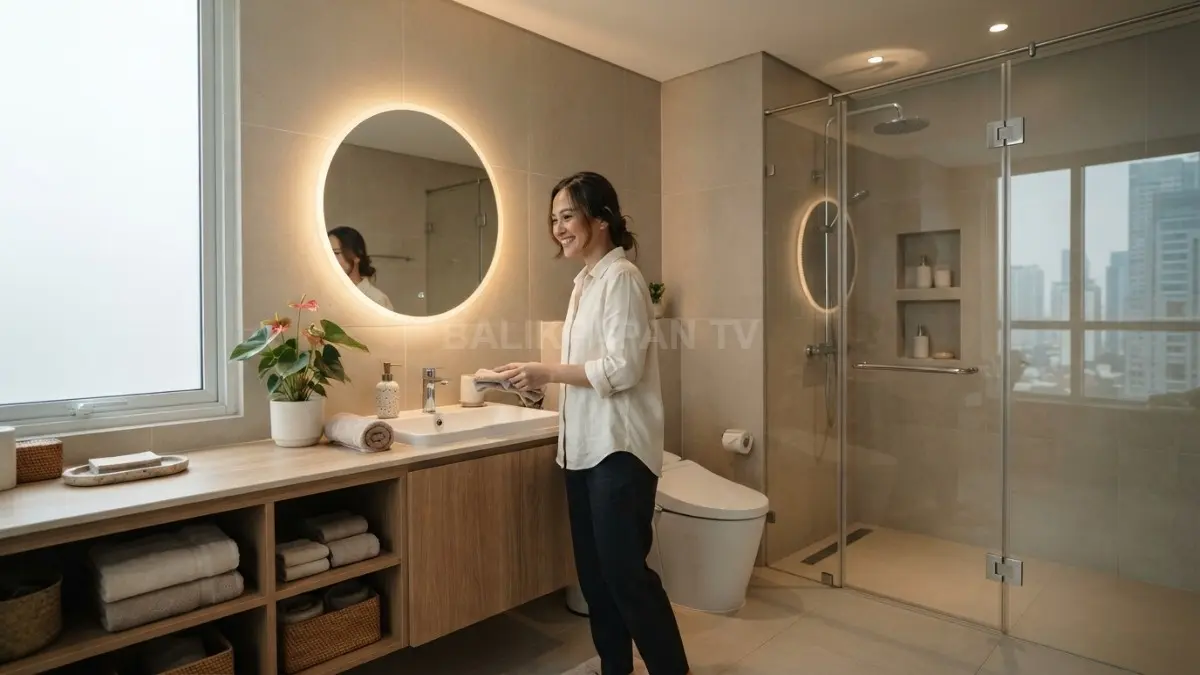 Konsep quiet luxury menghadirkan kamar mandi nyaman, berkelas, fungsional, dan tetap ramah anggaran untuk hunian modern. (BTV/AI)