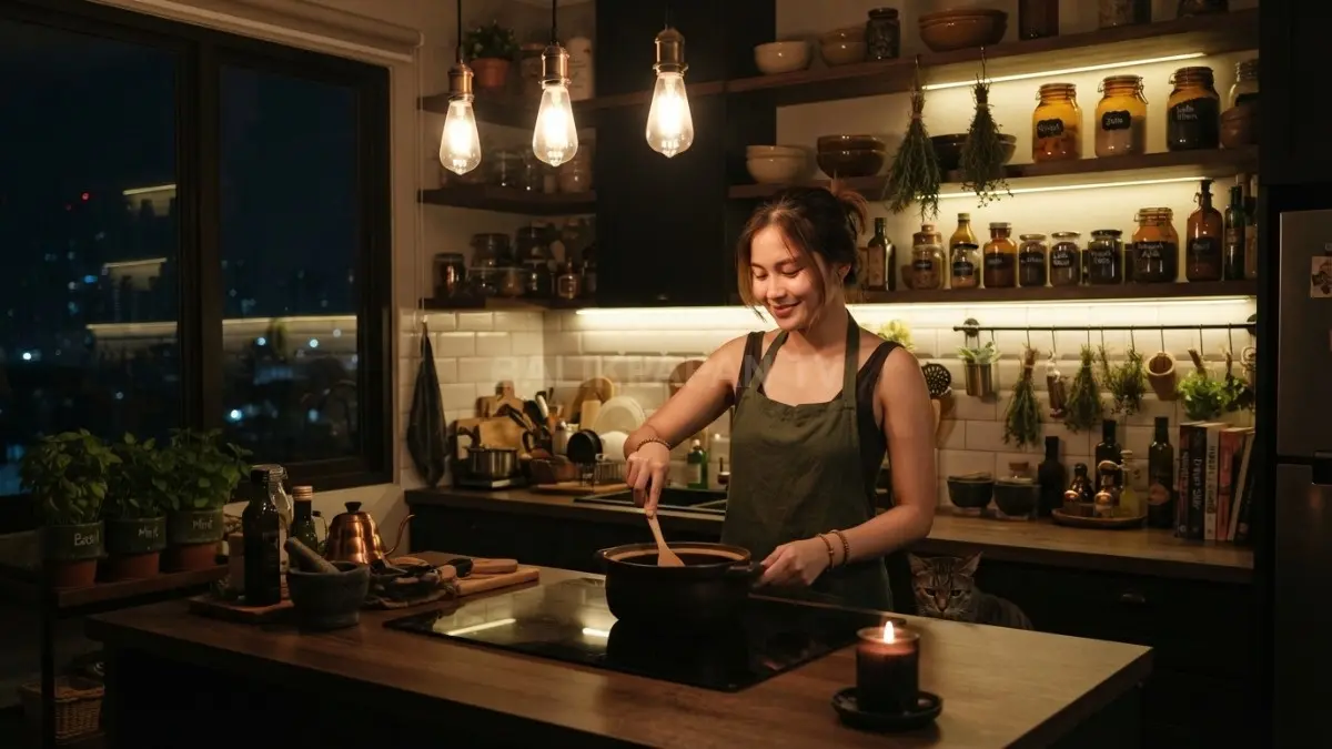 Lampu vintage dan tanaman herbal memperkuat karakter dapur ala penyihir yang estetik sekaligus praktis digunakan sehari-hari. (BTV/AI)