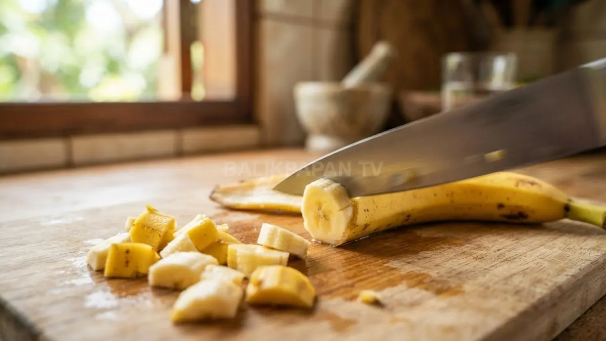 Memotong kulit pisang menjadi kecil mempercepat proses fermentasi karena mikroorganisme lebih mudah menguraikannya. (BTV/Ai)