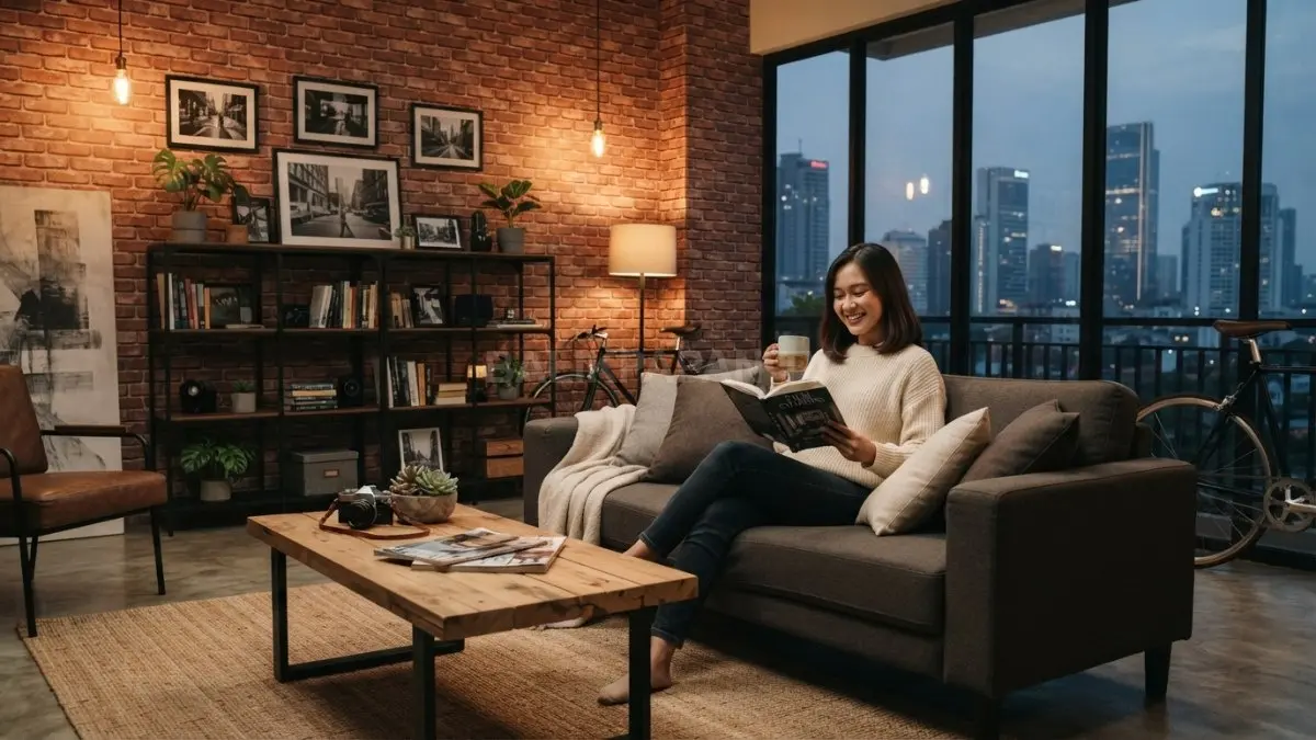 Nuansa penthouse New York menciptakan ruang tamu sinematik melalui bata ekspos, kayu, dan besi hitam harmonis. (BTV/AI)