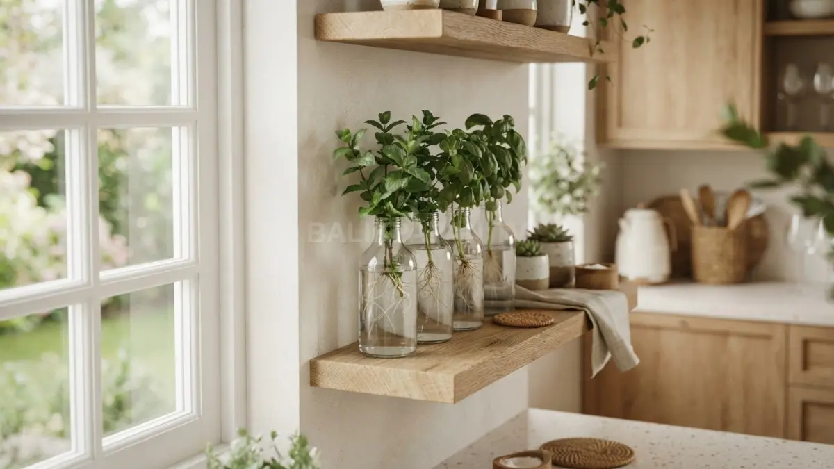 Pemanfaatan botol bumbu bekas untuk tanaman herbal mempercantik dapur natural sekaligus praktis saat memasak. (BTV/Ai)