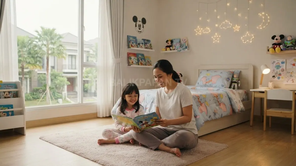Pencahayaan hangat dan dekorasi Disney menghadirkan kamar anak yang nyaman, kreatif, serta mendukung kualitas tidur optimal. (BTV/AI)