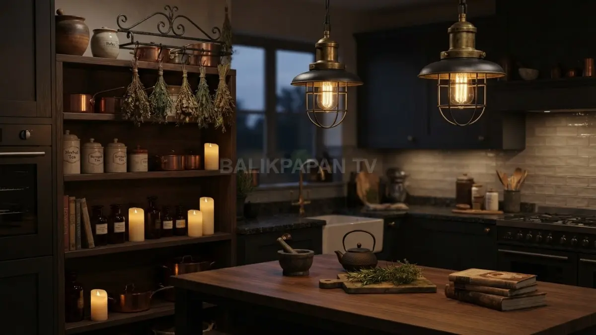Pencahayaan warm white memperkuat karakter dapur bergaya penyihir dengan sentuhan estetik dan fungsi yang seimbang sempurna. (BTV/AI)