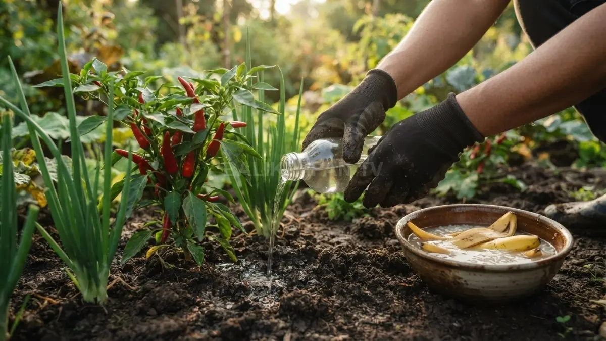 Penyiraman pupuk cair organik dari cucian beras menyuburkan tanaman cabai dan daun bawang segar. (BTV/Ai)