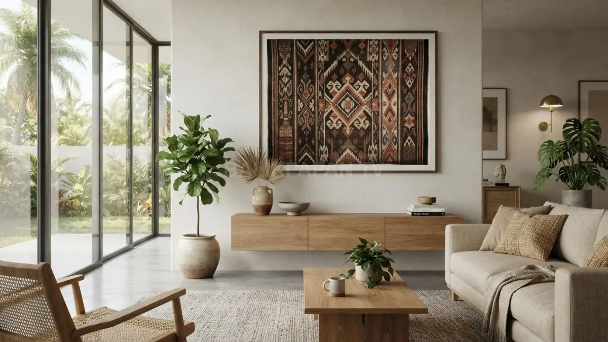 Pola geometris tenun ikat Nusantara sangat cocok menjadi titik fokus ruang keluarga maupun kerja. (BTV/Ai)