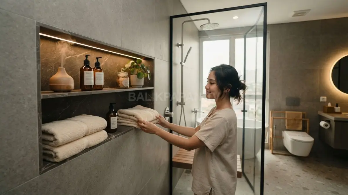 Rak built-in multifungsi membantu menciptakan kamar mandi quiet luxury yang rapi, lapang, dan efisien setiap hari. (BTV/AI)