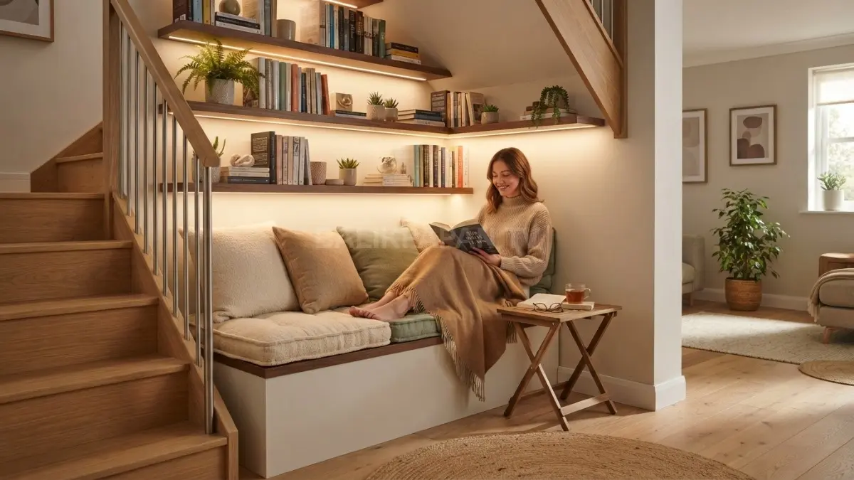 Reading nook rahasia memanfaatkan ruang bawah tangga menjadi sudut membaca hangat yang nyaman dan fungsional sehari-hari. (BTV/AI)
