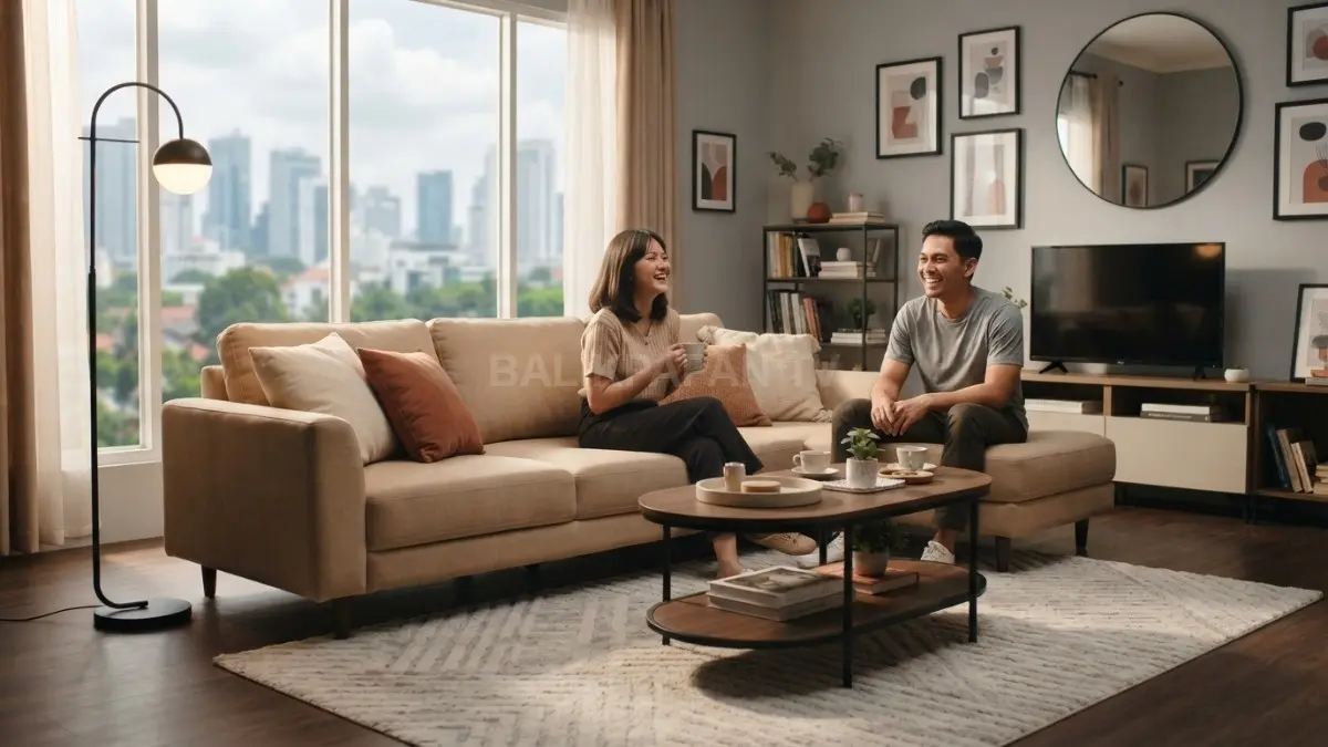 Ruang tamu ala film Hollywood menghadirkan suasana elegan, sinematik, nyaman, dan tetap ramah anggaran untuk keluarga. (BTV/AI)