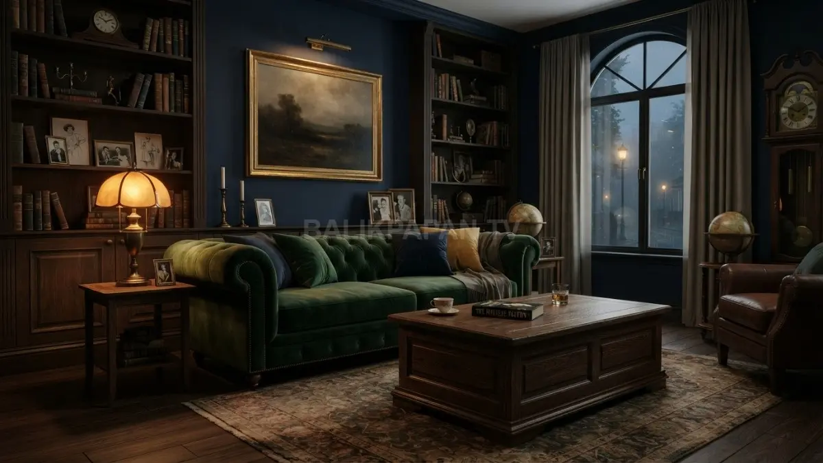 Sentuhan vintage dan warna gelap menghadirkan ruang tamu bergaya Hollywood yang mewah tanpa biaya berlebihan bersama. (BTV/AI)