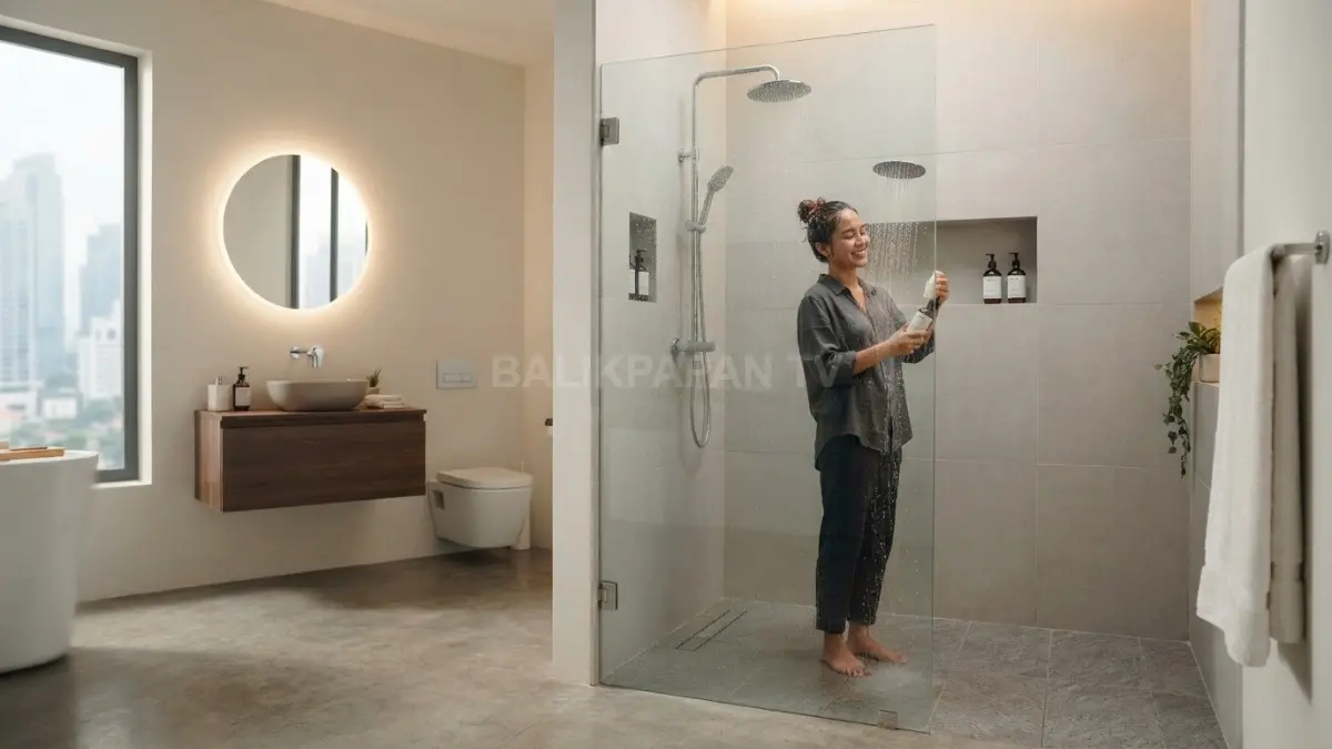 Shower kaca frameless menciptakan kamar mandi modern yang lapang, nyaman, serta berkesan mewah dengan biaya efisien. (BTV/AI)