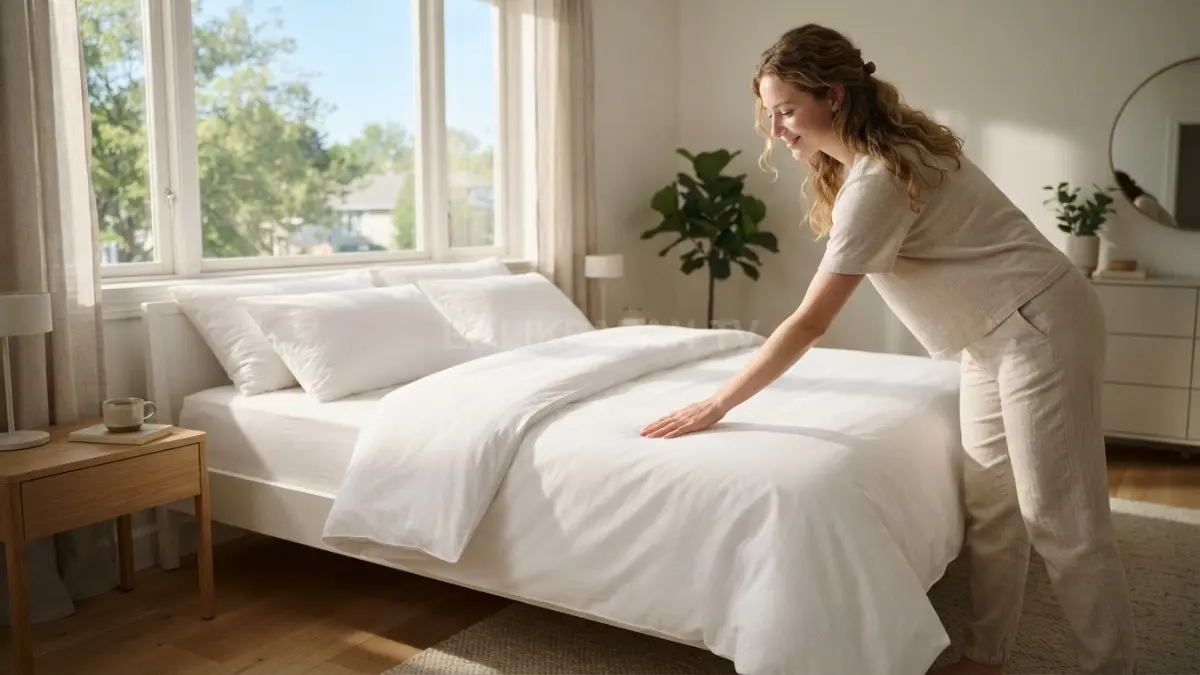 Sinar matahari pagi menembus jendela, memperindah suasana kamar tidur minimalis yang bersih dan rapi. (BTV/Ai)