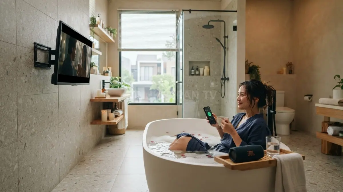 Smart TV tahan air melengkapi kamar mandi quiet luxury dengan pengalaman relaksasi yang nyaman dan praktis sehari-hari. (BTV/AI)