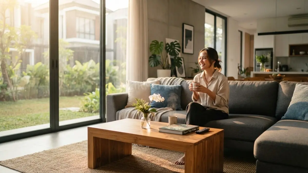 Sofa dan meja kayu ditata mengikuti arah cahaya pagi untuk memaksimalkan estetika interior rumah. (BTV/AI)