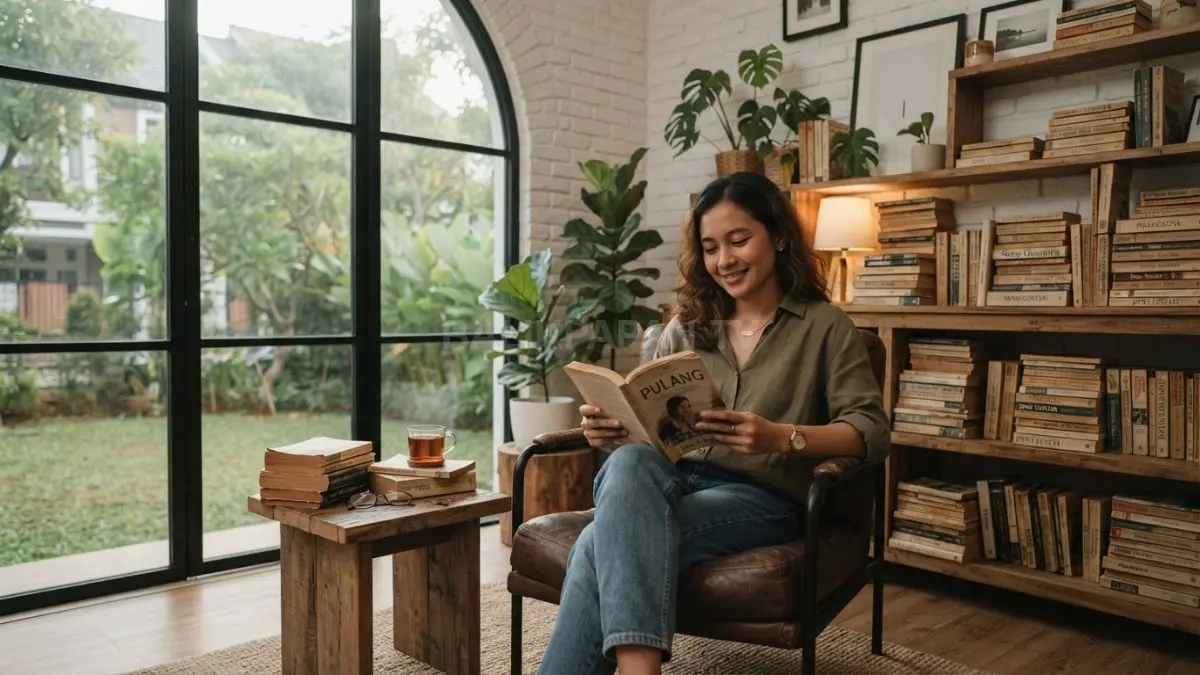 Sudut baca memanfaatkan buku bekas sebagai dekorasi estetis yang memperkuat nuansa rumah klasik modern. (BTV/AI)