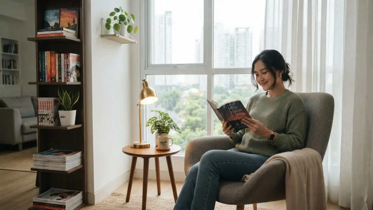 Sudut membaca sederhana menciptakan nuansa rumah bergaya novel dengan pencahayaan alami dan dekorasi minimalis yang hangat. (BTV/AI)
