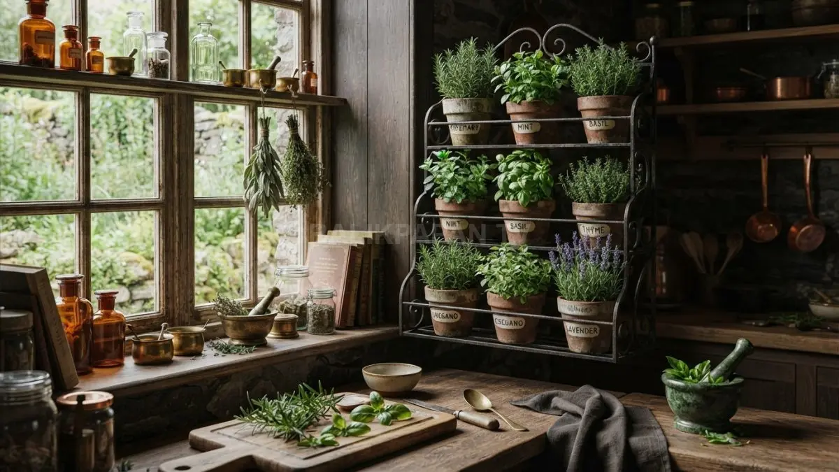 Sudut tanaman herbal memperkuat suasana dapur bergaya penyihir dengan sentuhan klasik, hangat, dan tetap fungsional sehari-hari. (BTV/AI)