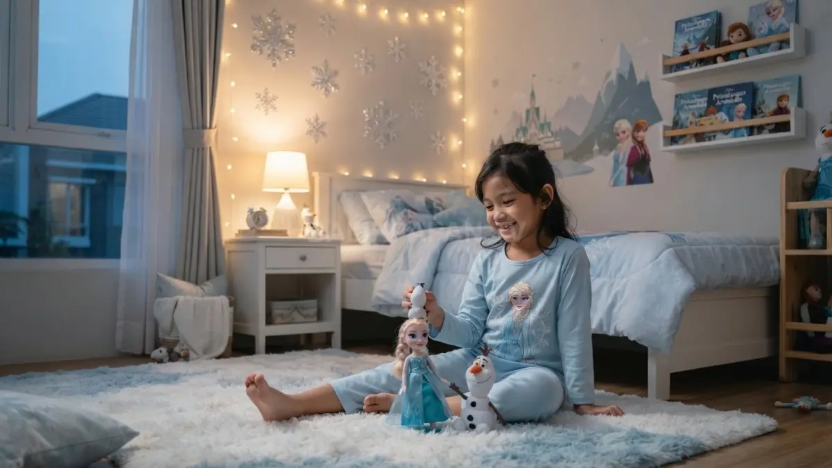 Tema Frozen menciptakan kamar anak bernuansa cerah, nyaman, dan menginspirasi kreativitas melalui dekorasi sederhana elegan. (BTV/AI)