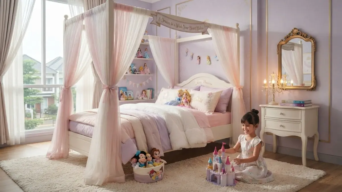 Tema kastil putri Disney menciptakan kamar anak yang hangat, imajinatif, elegan, dan penuh keceriaan setiap waktu. (BTV/AI)