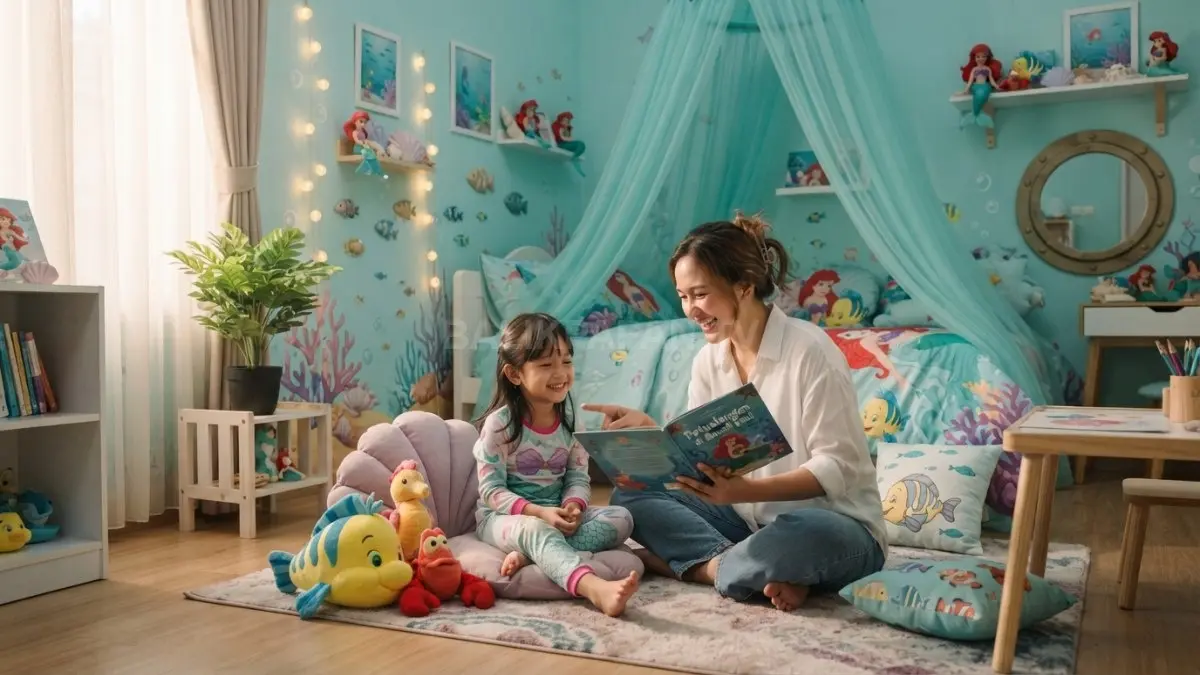 Tema Little Mermaid menghadirkan nuansa bawah laut yang segar, nyaman, dan menyenangkan bagi kamar anak modern. (BTV/AI)