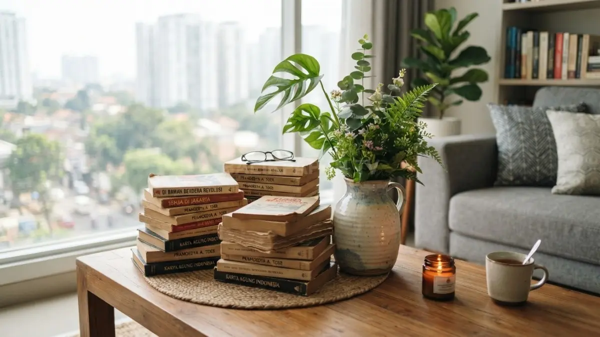 Tumpukan buku bekas ditata sebagai dekorasi elegan di atas meja dengan vas keramik dan tanaman hias. (BTV/AI)