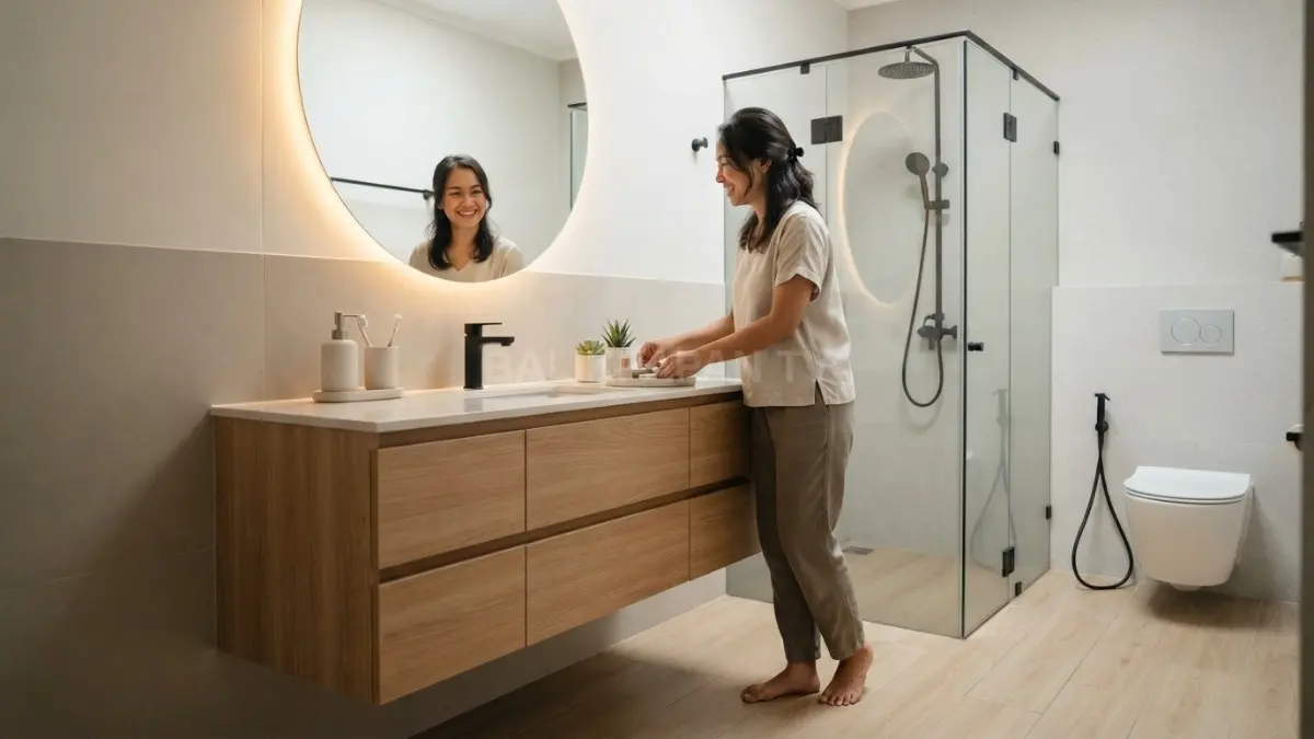 Vanity minimalis dan cermin besar menciptakan kamar mandi quiet luxury yang lapang, rapi, serta nyaman digunakan. (BTV/AI)