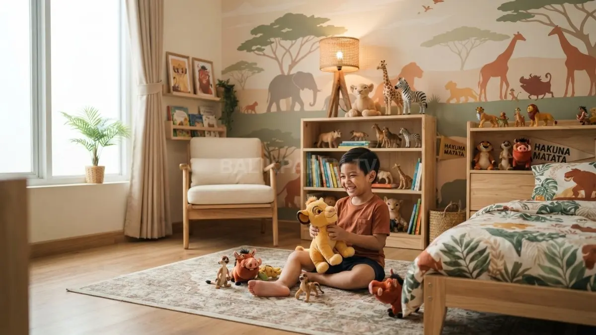 Wallpaper pepohonan, boneka singa, dan furnitur kayu menciptakan kamar Disney bergaya safari yang menenangkan anak. (BTV/AI)
