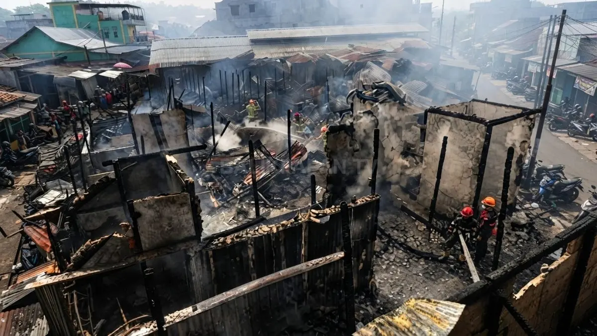 Petugas memeriksa puing-puing kios yang hangus akibat kebakaran di Pasar Sepinggan Balikpapan.