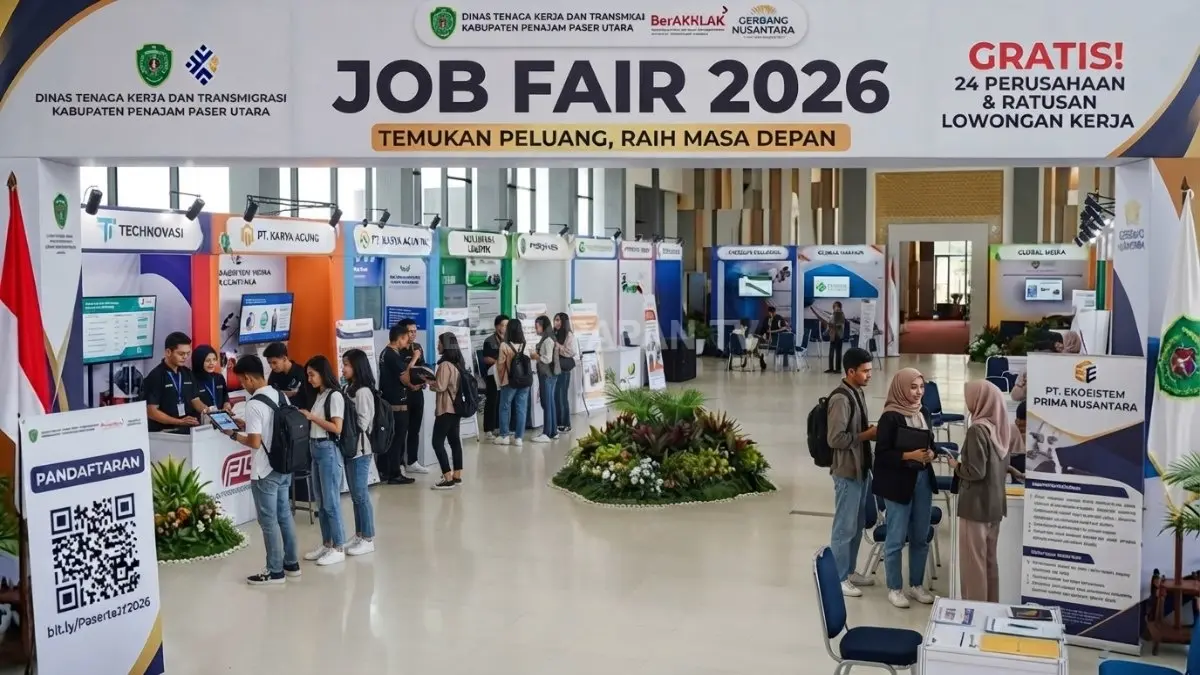 Gambar Ilustrasi Pencari kerja memadati area registrasi Job Fair PPU 2026 di Gedung Graha Pemuda Penajam. (BTV/AI)