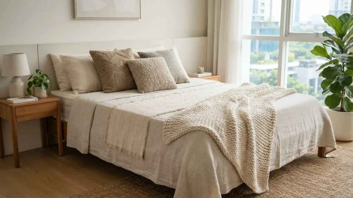 Kain bertekstur pada cushion dan throw blanket menambah kedalaman visual tanpa mengganggu harmoni ruangan. (BTV/AI)

